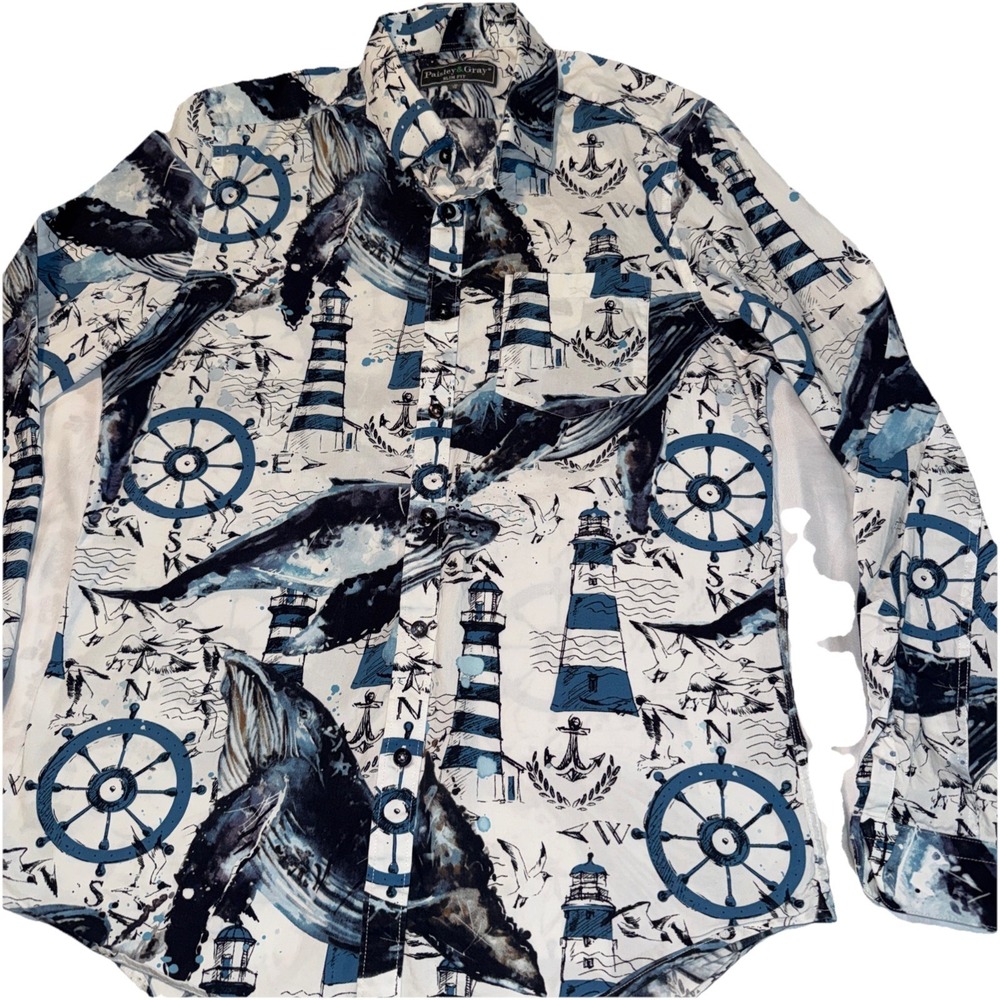 Paisley & Gray Men's Medium 16 Blue White Nautical Whales Coatal Lighthouse